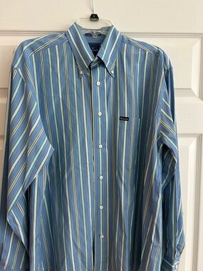Faconnable Sky Blue and Light Yellow, green, blue Striped Button-Down Shirt